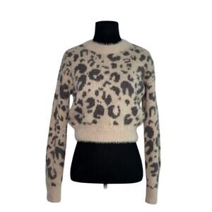 SO cream gray animal print crew neck fuzzy sweater size XS